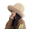 Women Fur Trimmed Bucket Hat Girls 90s Winter Warm Thicken Plush Fisherman Cap Basin Hats Fuzzy Faux Fur Hat