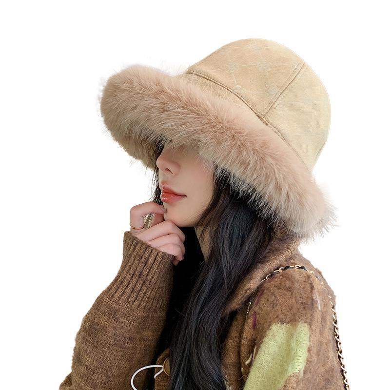 Women Fur Trimmed Bucket Hat Girls 90s Winter Warm Thicken Plush Fisherman Cap Basin Hats Fuzzy Faux Fur Hat