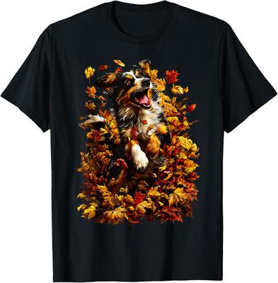Australian Shepherd Dog Playing In Autumn Leaves Graphic T-Shirt Casual Cotton Tee