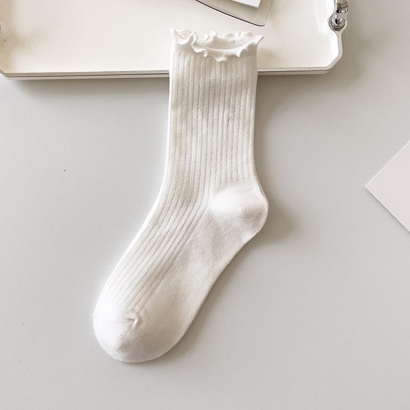 Women's Autumn and Winter Pure Cotton Socks, Mid-calf Socks, Lace Socks, Anti-pilling Black Fungus Edge Pile Socks