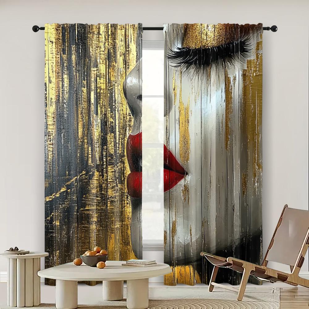 2pcs   Spring Summer Curtains Facial Reflexes_ Red Lips and Black Eyelashes of Women In Urban Landscapes Semi-Sheer Curtains