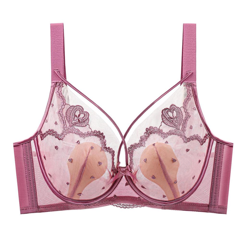 French Style Ultra-Thin Breathable Large Bust Minimizing Push-Up Bra with Soft Underwire and Rabbit Ear Crystal Cup