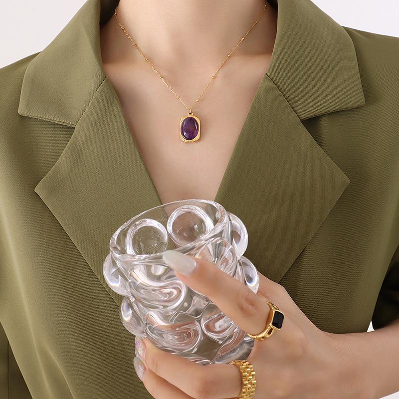 18K Gold-Plated Titanium Steel Necklace with Square Pendant and Natural Stone Inlay