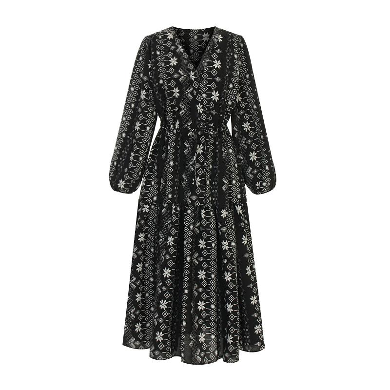 T View V-Neck String Pattern Dress_V6A-Cop003