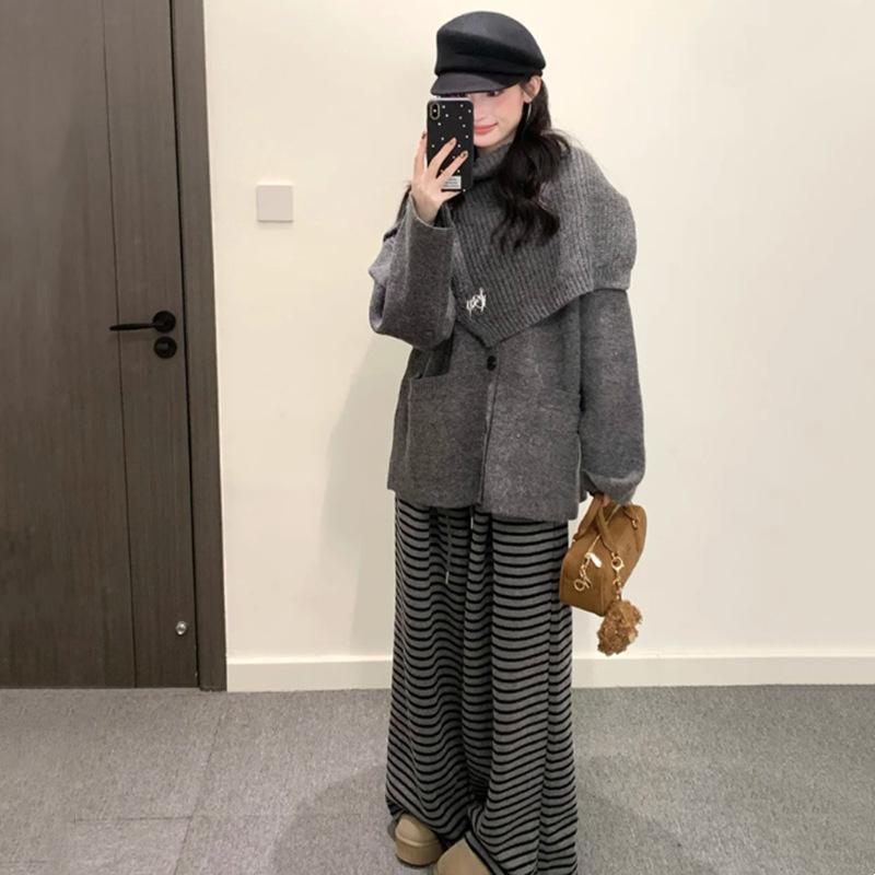 2025 Korean Knit Cardigan & Sweater Set: Autumn-Winter Loose Outerwear with Neck Warmer