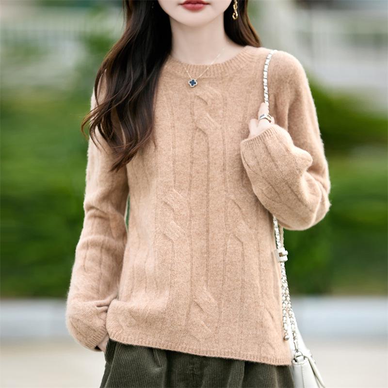Women's 100% Wool Cable Knit Pullover - Round Neck, Long Sleeve, Solid Color, Loose Fit