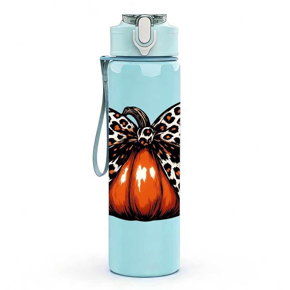 1PC Leopard Bow Pumpkin Fall Print 750ml Color Plastic Sports Water Bottle Leakproof Flip Straw Lid Suitable for Sports Office Home Use