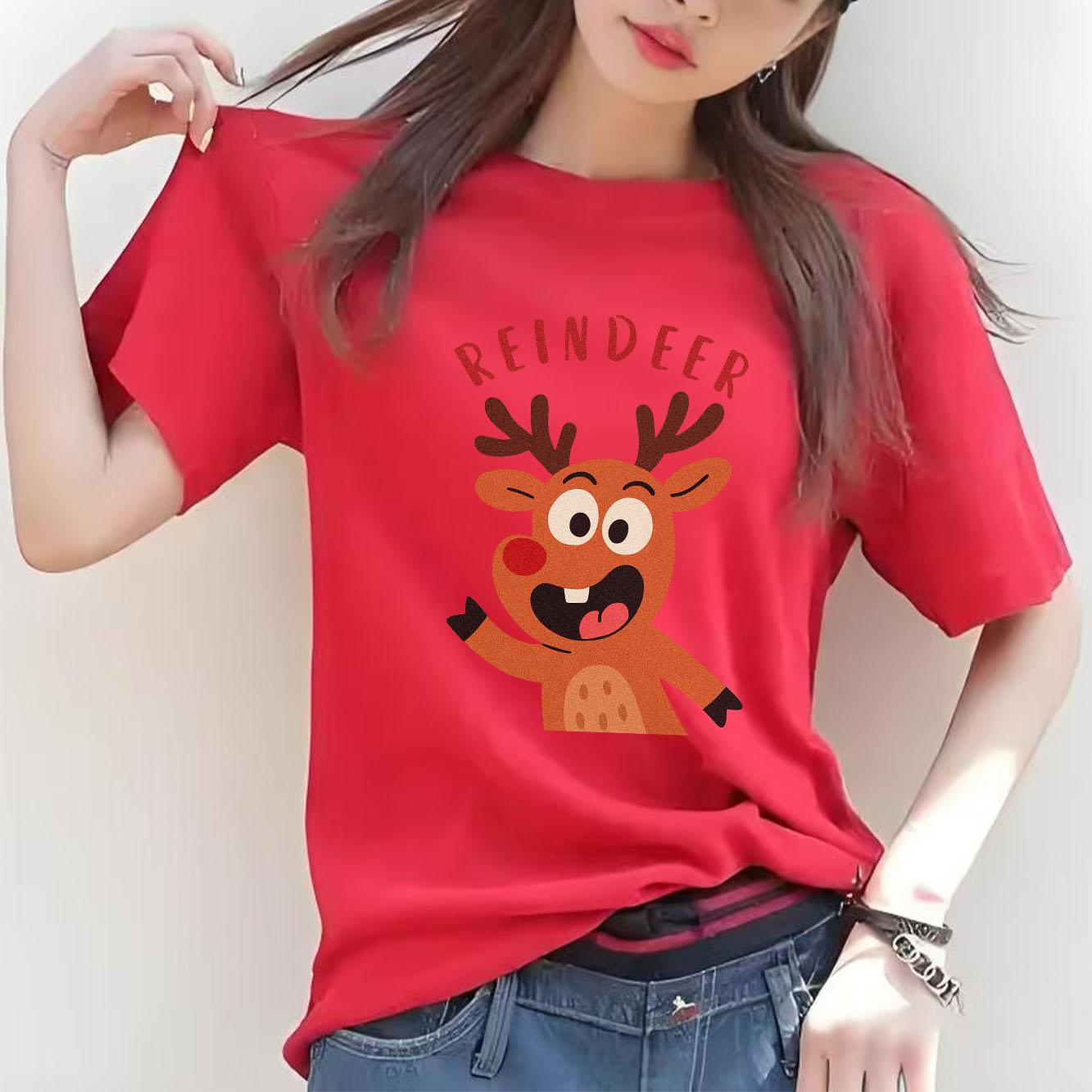 

Christmas reindeer cartoon print Womens short sleeved holiday Tshirt summer round neck suitable for daily versatility 4XL