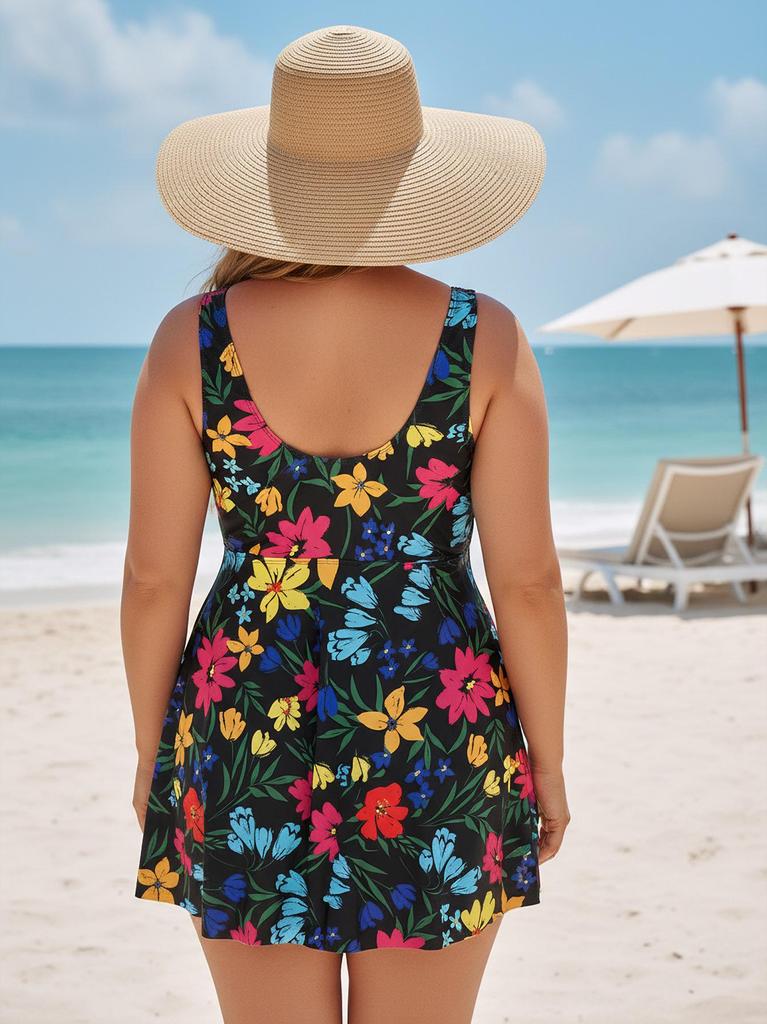 Europejski i Amerykański Zestaw Spódniczka Tankini Kwiatowa Plus Size - Czarny.