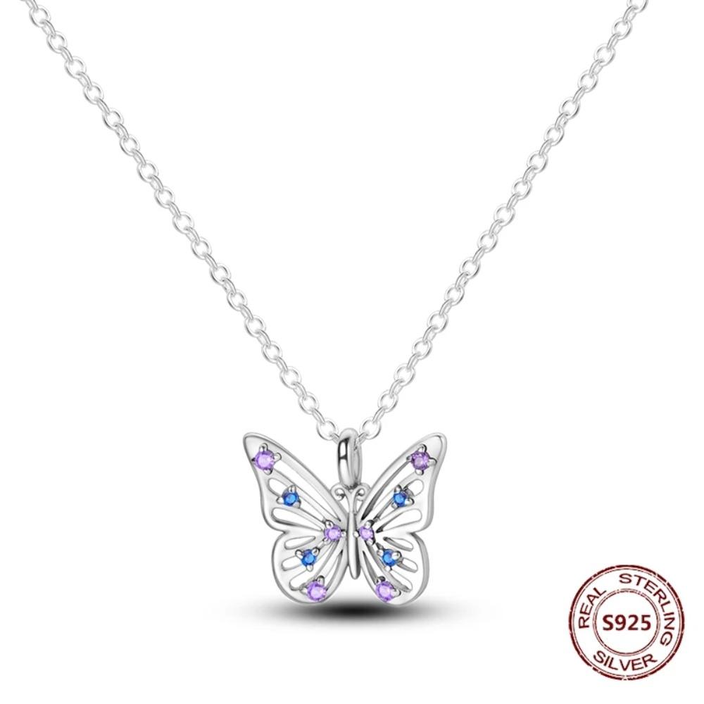 925 Silver Lucky Unicorn Necklace with Butterfly Firefly Bear Paw Print Zircon Chain Link Heart Jewelry for Women