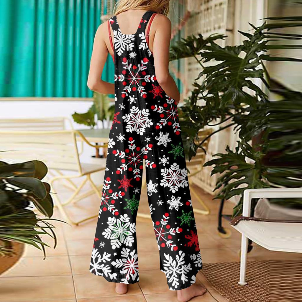 Damen Casual Weihnachts-Jumpsuit Ärmelloser Baumwoll-Jumpsuit mit Aufdruck