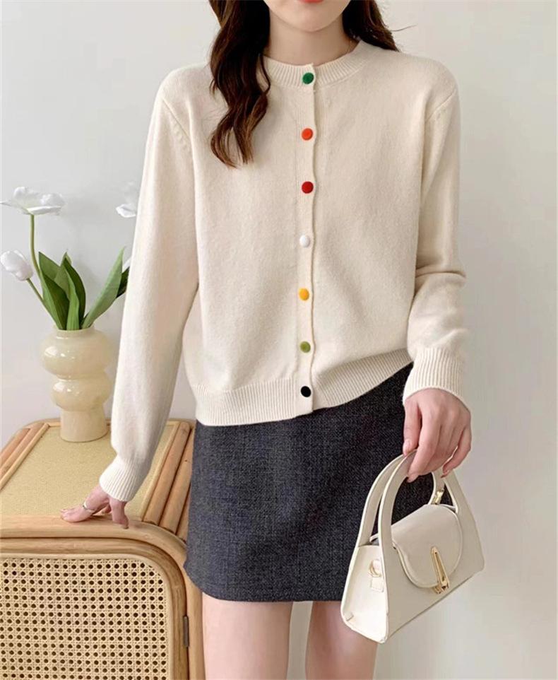 Temperament elegant round neck long sleeve soft waxy knitted cardigan women's autumn and winter new color single-breasted sweater jacket