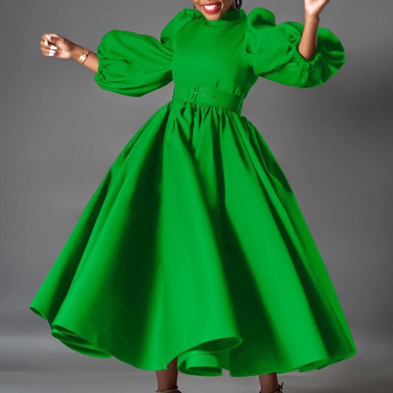 Large Size Women's Clothing Europe America Loose Fashionable Solid Color Big Skirt Bubble Sleeves Medium Long Dress African