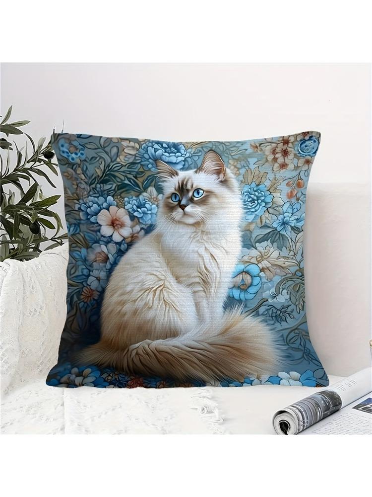 1pc Floral Ragdoll Cat Throw Pillow Cover, 2D Double-Sided Print Soft Polyester Cushion Case for Home Sofa Bedroom Car Decor