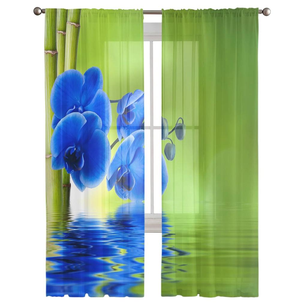 Flowers Water Waves Bamboo Tulle Curtains Balcony Room Fashion Printed Sheer Curtain Living Room Window Modern Decor