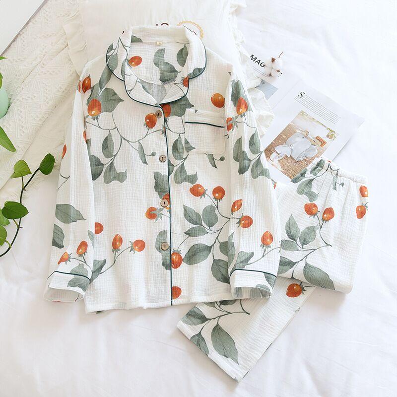 Spring New Ladies Pajamas Set Heart Printed Crepe Cotton Double-layer Gauze Turn-down Collar Long-sleeve Trousers Household Wear