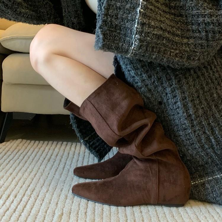 Blue cabinet version! Autumn and winter western cowboy boots women's retro niche large tube circumference thin inner height increasing pleated