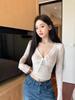 Women's Autumn Lace-up V-neck Lace Black Top - Slim Fit, Waist-cinching, Chic Long Sleeve