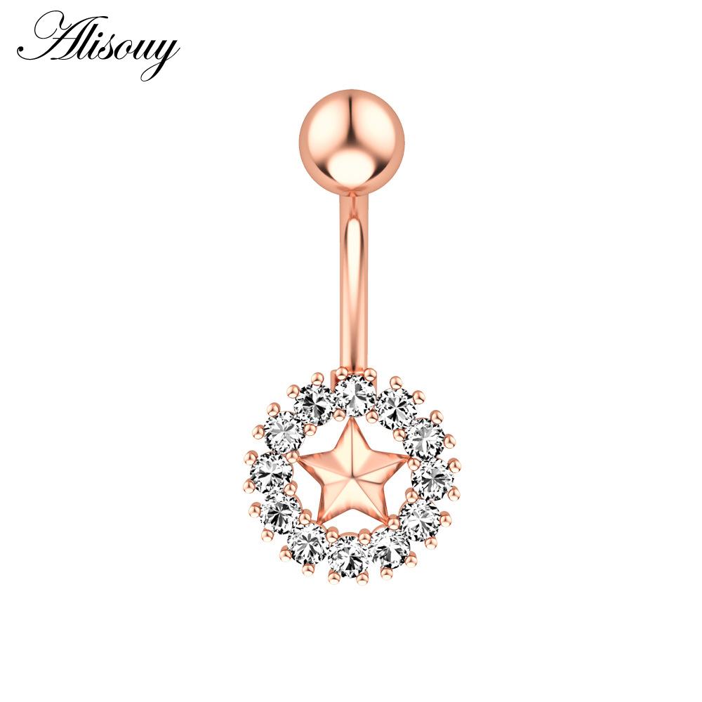 Alisouy 1pc Surgical Steel Crystal Zircon Star Butterfly Moon Stones Dangle Button Navel Piercing Ring Belly Ring Body Jewelry