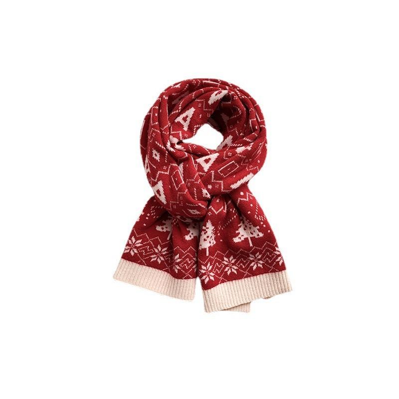 Red New Year's Scarf Women's Winter Christmas Knitted Wool Scarf Versatile Thickened To Keep Warm Student Tide