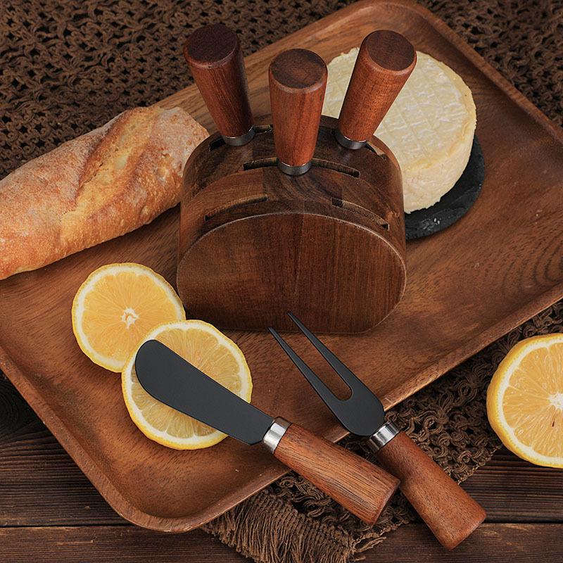 Stainless Steel & Acacia Wood Cheese Knife Set with Storage Base - 6-Piece