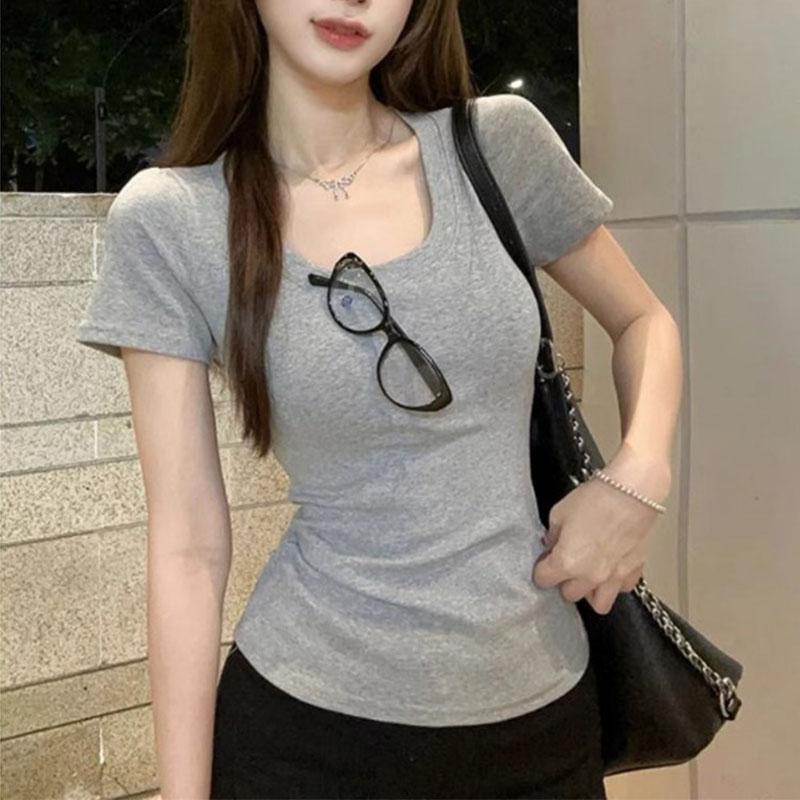 Damen Slim Fit Kurzarm T-Shirt Lässig U-Ausschnitt Einfarbig Basic Oberteil Weich Dehnbar Tägliches T-Shirt
