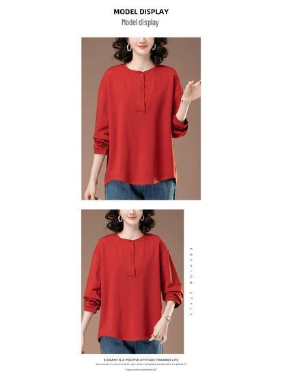 Middle-Aged Women's Plus Size Long-Sleeve Cotton Shirt - Loose Fit, Belly Cover, Ideal for Spring & Autumn (Style 6322)
