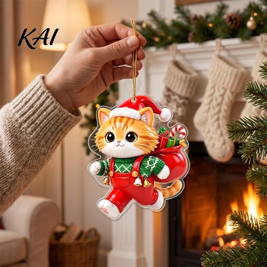 Acrylic Holiday Ornaments Christmas Cat Pendant with Hanging Rope, 2D Flat Ornament for Xmas Tree Unique Gift Ideas Decoration, Cute Decor,