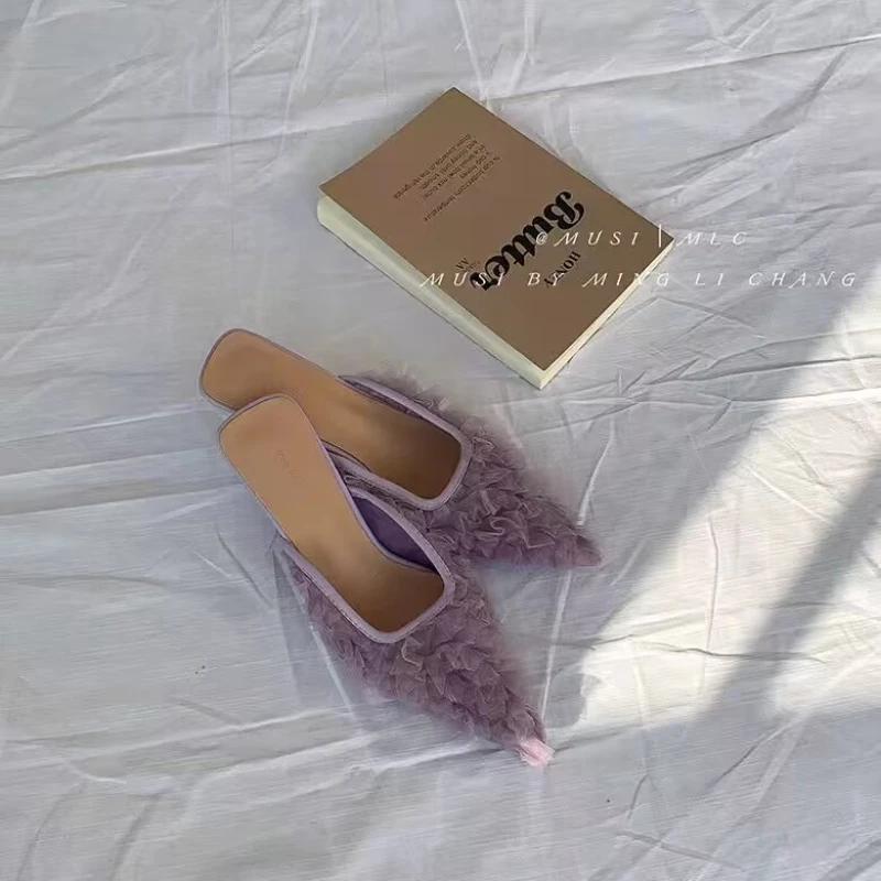 Pointed Toe Mid Heels Women Slippers Elegant Shallow Heeled Shoes 2025 Summer Fad Slides Pumps Designer Dress Sandalias De Mujer