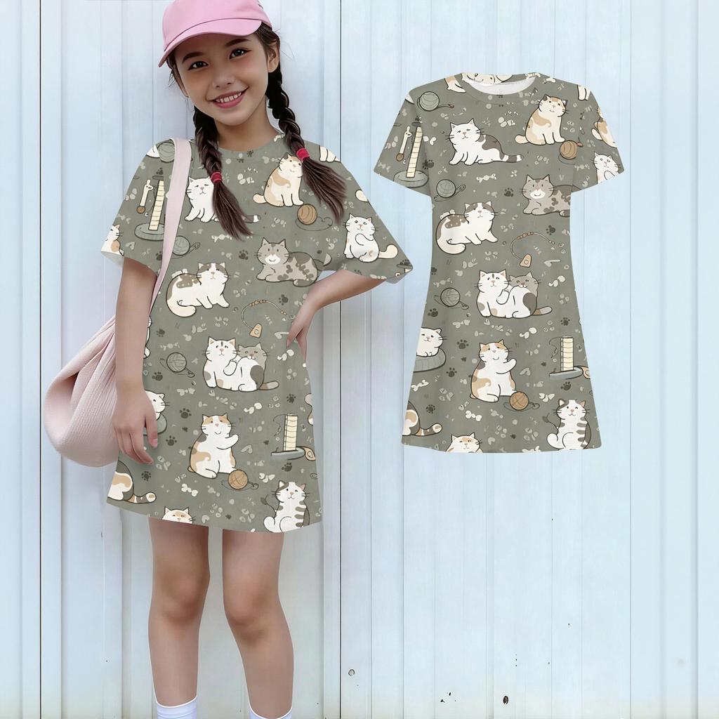 Girls Print Casual Dress Kids Loose Round Neck Short Sleeve Thin Sundress
