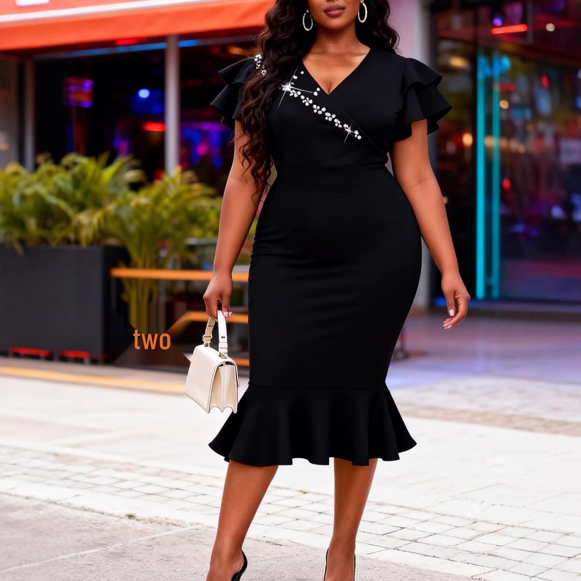 

Plus Size Black Beaded Ruffle Fishtail Midi Dress with Flattering V-neck and Cinched Waist for Banquets and Parties. 3XL чёрный