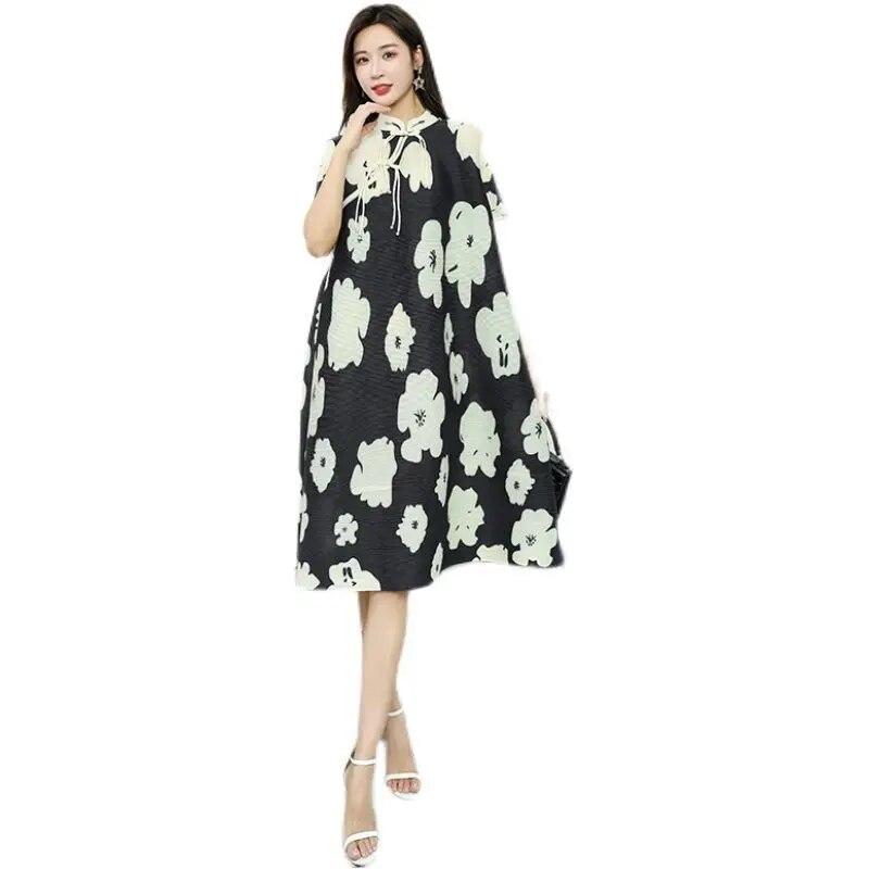 Wrinkle Printed Loose Fitting Dress for Women In Summer, New Style, Slimming and Age Reducing Design, Mid Length Skirt