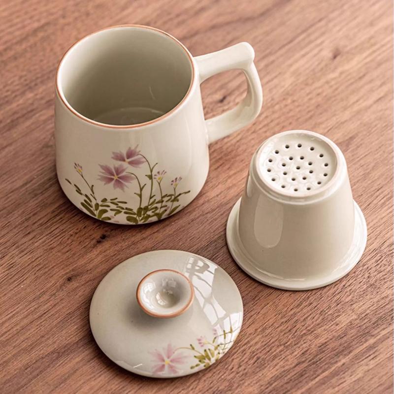 Chinese Style Floral Pattern Tea Filtering and Separation Cup, With Cover White Porcelain Mug, Drinkware Ceramic Office Cup, 1Pc