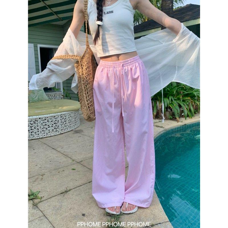 Kalhoty s vysokým pasem a širokými nohavicemi v korejském stylu s vertikálním pruhem pro ženy - Kolekce jaro/podzim 2025