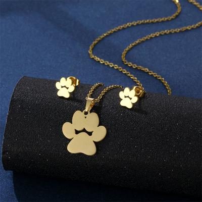 Gold Color Cute Animal Footprints Earrings Set Dog Cat Footprints Paw Necklaces Pendants Women Stainless Steel Zircon TZ329