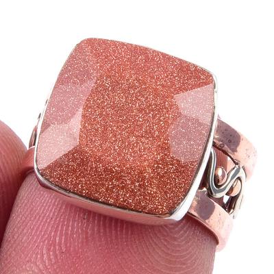 Natürlicher Sonnenstein Edelstein Handgefertigt 925 Sterlingsilber Zweifarbig Ring Größe 6 d7j06