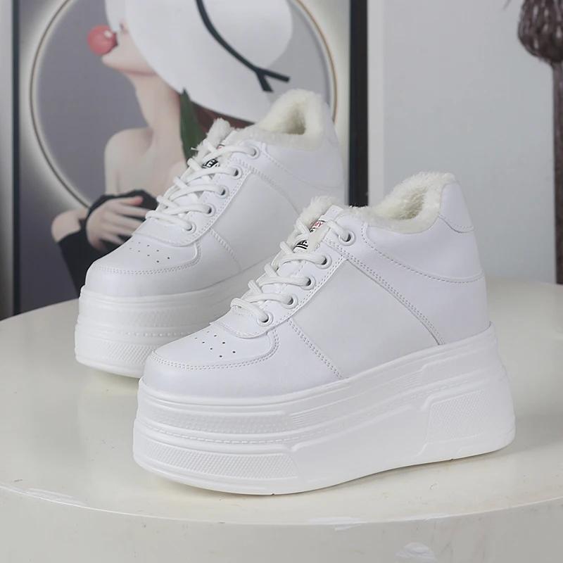 Fashion 12CM Genuine Leather Thick Sole Hidden Heel Fashion Vulcanize Ankle Booties Winter Plush Autumn Spring Shoes