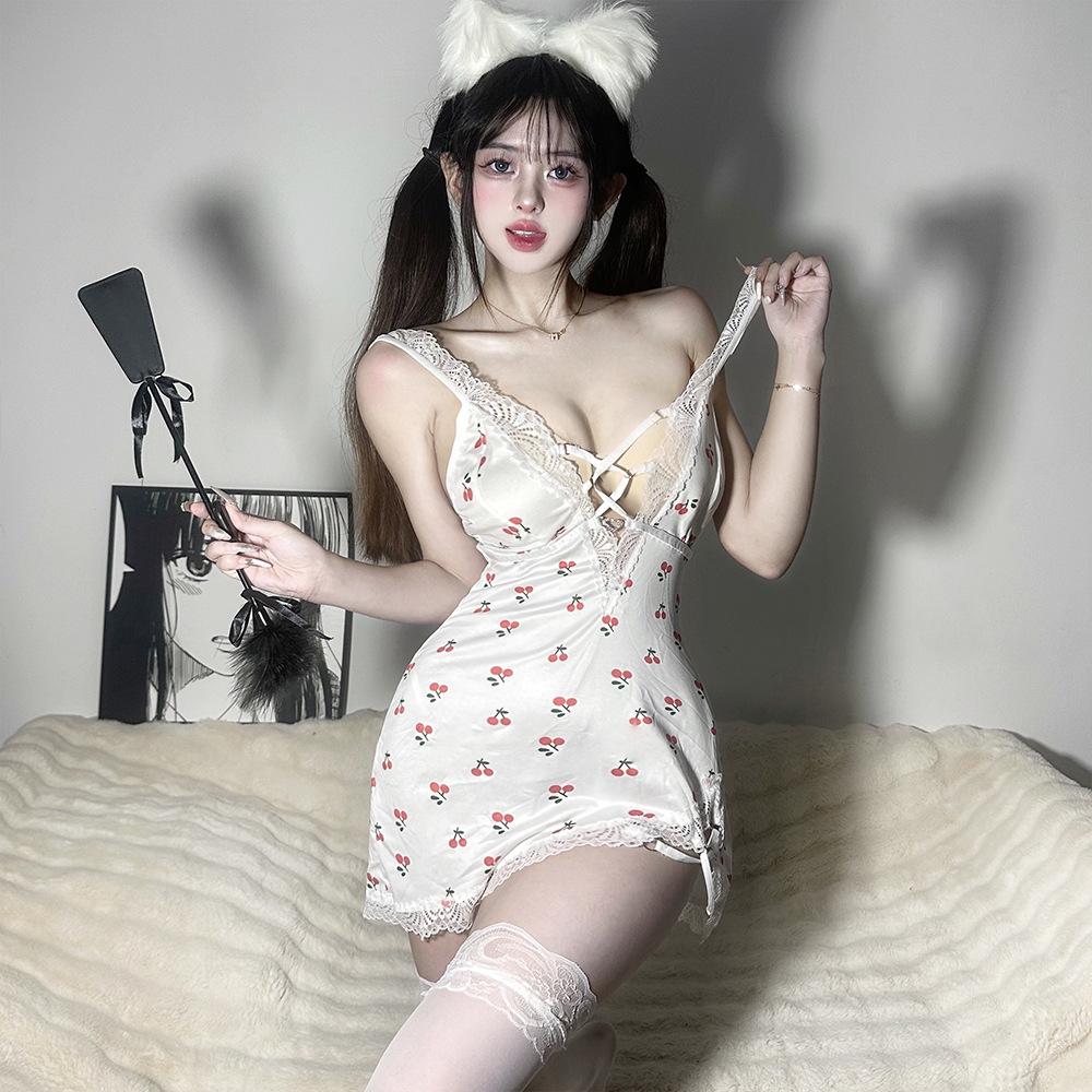Cream cherry sauce sexy lingerie women's sweet lace nightdress sexy straps hollow sling nightdress