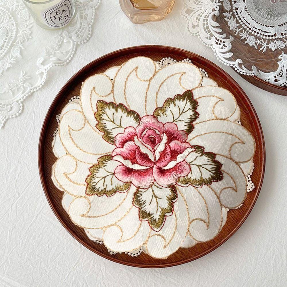 Embroidery Flower Cup Pad Flower Pattern Doily Tablecloth Placemat  Table Decoration