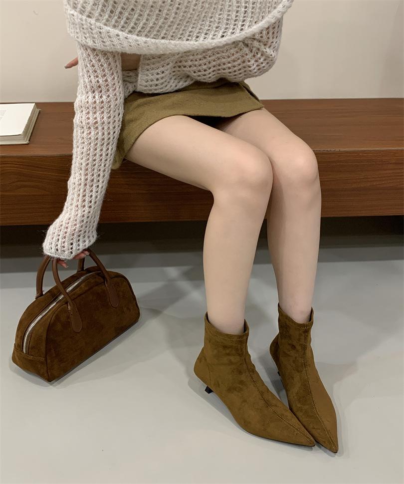 French pointed short boots women's 2025 autumn and winter new stiletto suede thin bare boots Internet celebrity elastic socks Martin boots