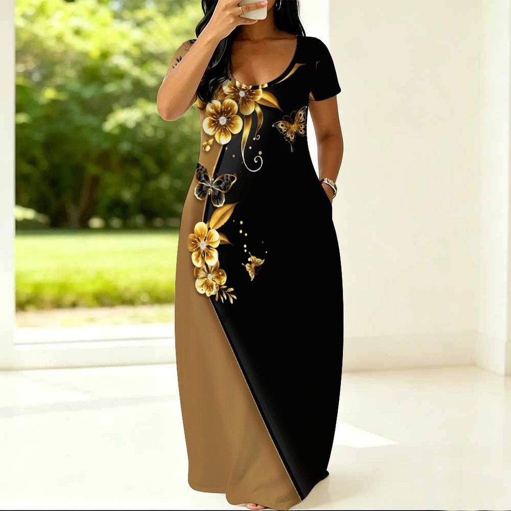 Summer Crew Neck Short Sleeve Loose Dress For Plus Size Women Household Wear