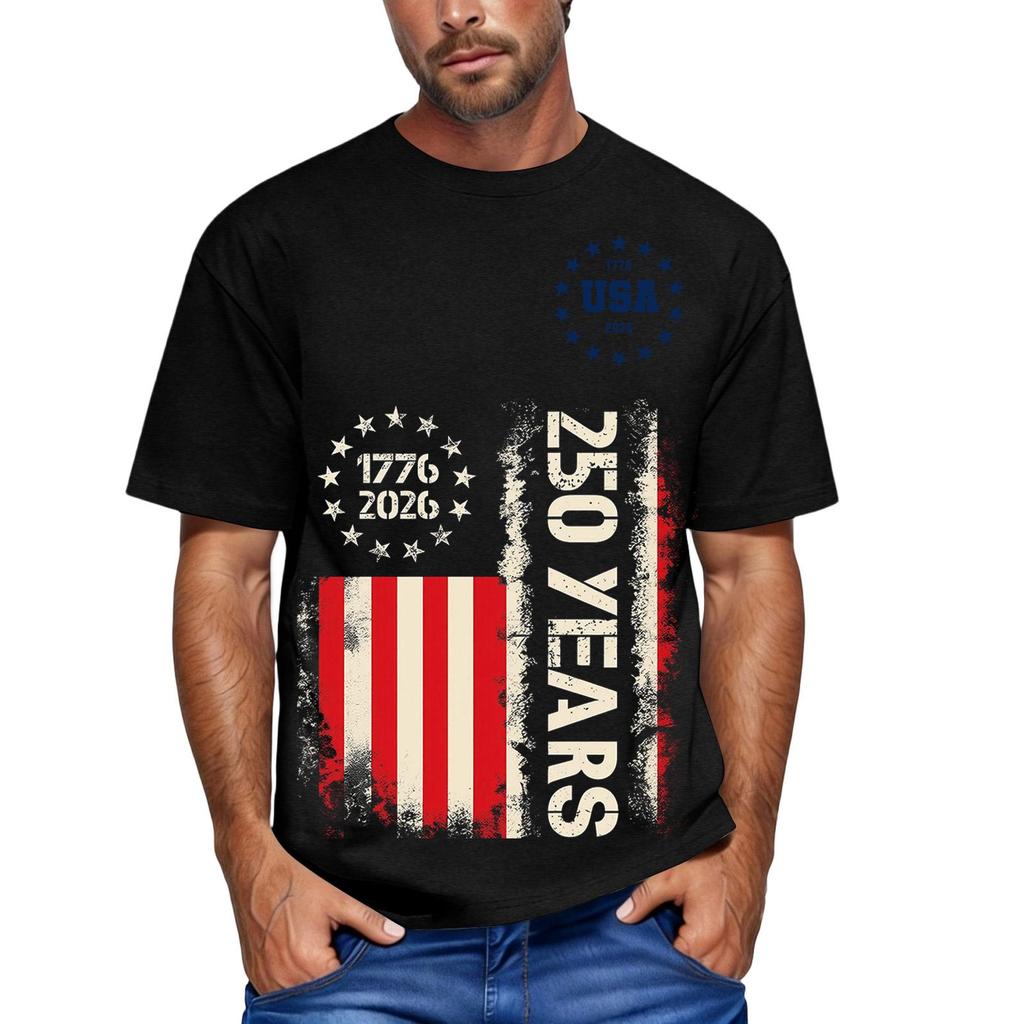 Herren lockeres und lässiges T-Shirt mit Flaggen-Buchstaben-Print, kurzärmeliges Oberteil
