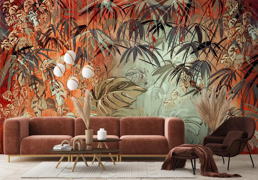 Wallpaper Painted Tropical Jungle Leaves