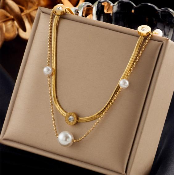 SHC43A-SHC68A Custom Fashion Pendant Necklaces Women's Jewelry Stainless Steel Chokers Pearl Chains Necklace Set for Women Girls