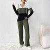 Women's Loose And Comfortable Hooded Drawstring Zipper Color Blocked Casual Fashion Top Solid Color Pants Set