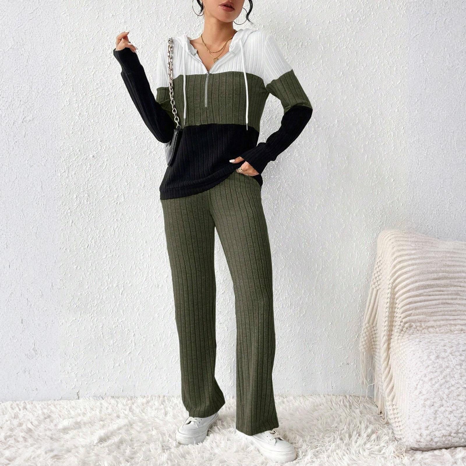 Women s Loose And Comfortable Hooded Drawstring Zipper Color Blocked Casual Fashion Top Color Pants Set L