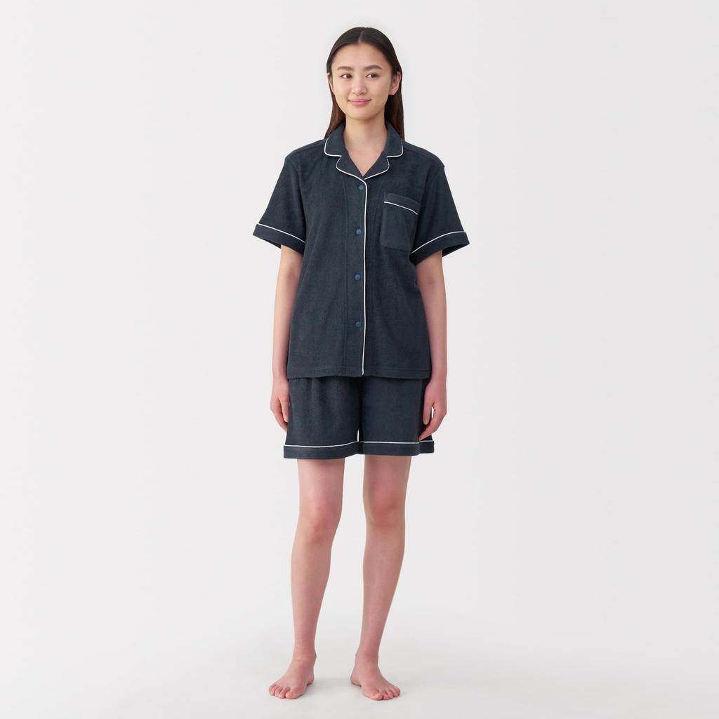MUJI Tile Dark Size Size XS Women's Double-Sided Short-Sleeve Pajamas, Navy, FD1L9A5S,