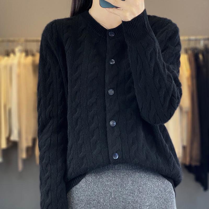 

Шикарный кардиган из шерсти крупной вязки в рубчик приталенного силуэта - Стильный осенний однобортный свитер для женщин XL