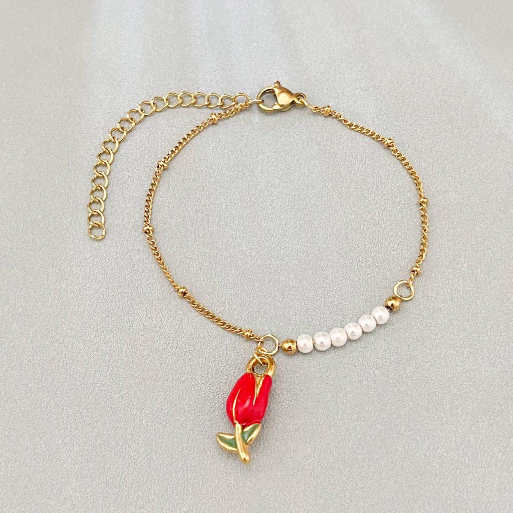 Rose Edelstahl Perlenkette mit floralem Tulpenanhänger für Damen