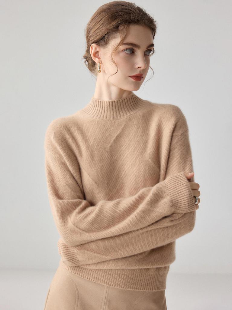 Women's Cashmere Jacquard Knit Sweater - Light Luxury Half-High Neck, Long Sleeve, Loose Fit, Skin-Friendly Base Layer.
